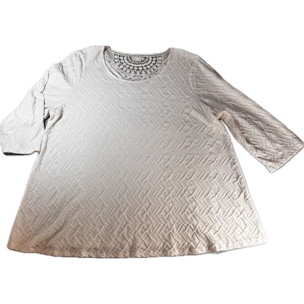 Kim Rogers Woman Ivory Textured Knit Crochet Lace Yoke 3/4 Sleeve Top 2X